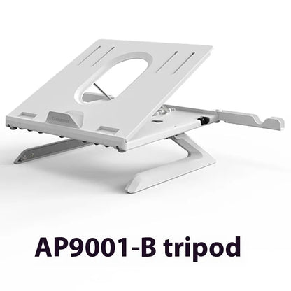 Foldable aluminium laptop stand in black or white, 280 x 280 x 25.5mm, with 9 adjustable angles and cooling slot.