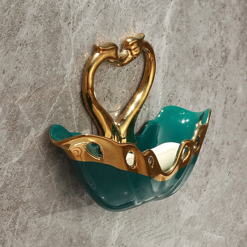 Ceramic swan soap box with suction cup in green, white, and pink