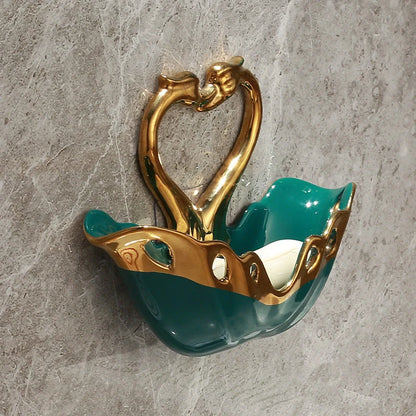 Ceramic swan soap box with suction cup in green, white, and pink