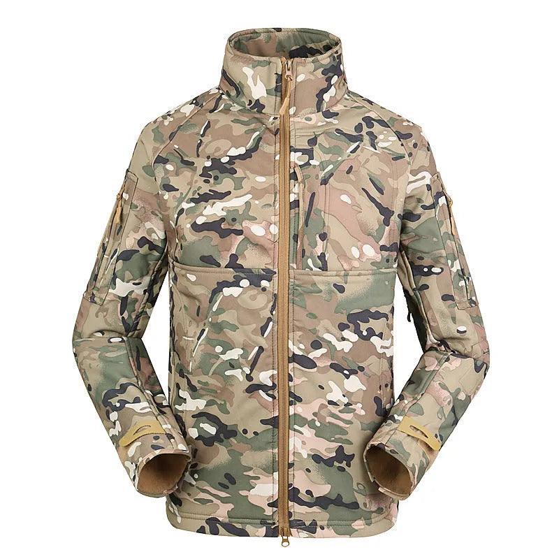 Men's thin commander stand collar outdoor jacket in green camouflage, shown unzipped.