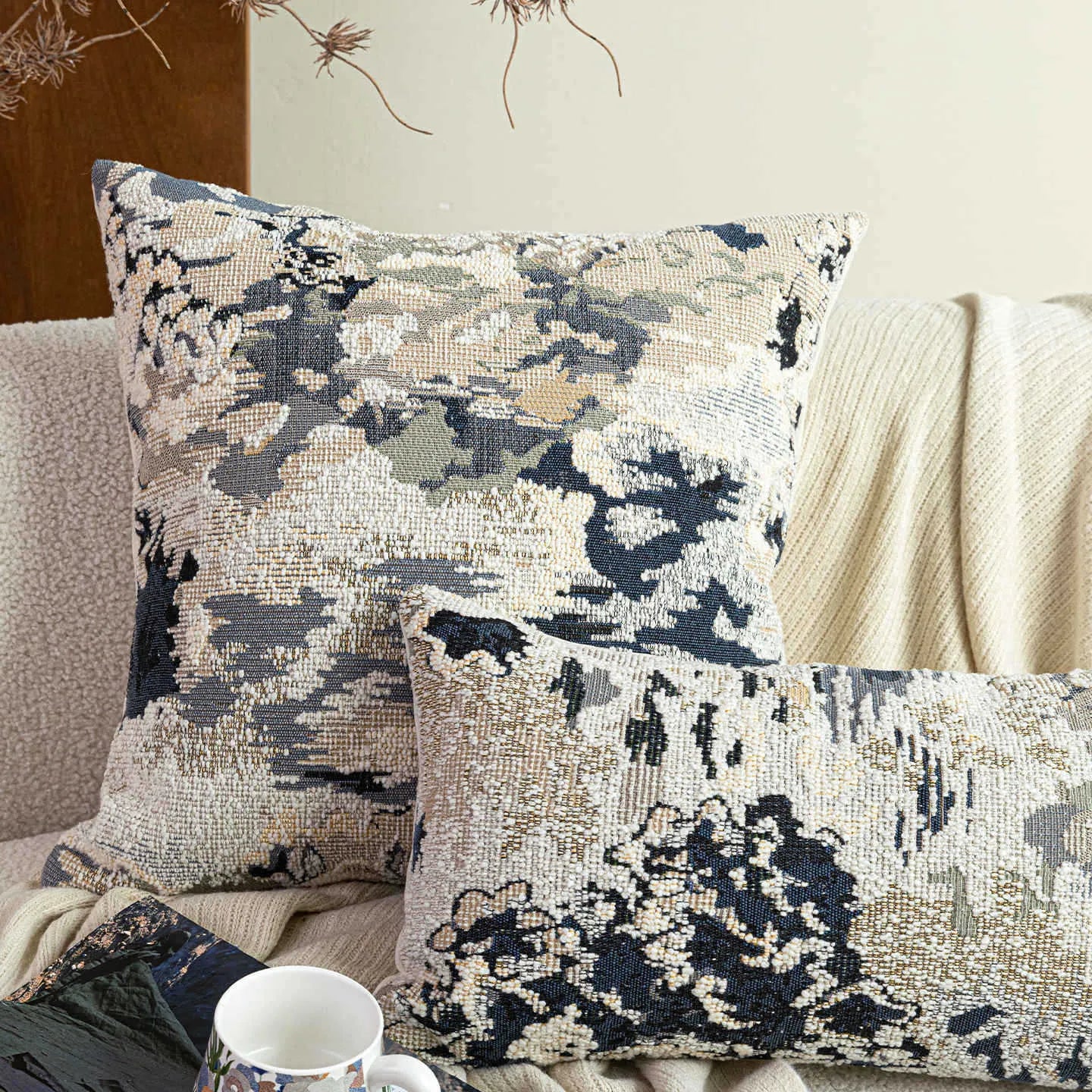 Square decorative cushion with botanical pattern in antique blue, wool blend fabric, feather velvet filler