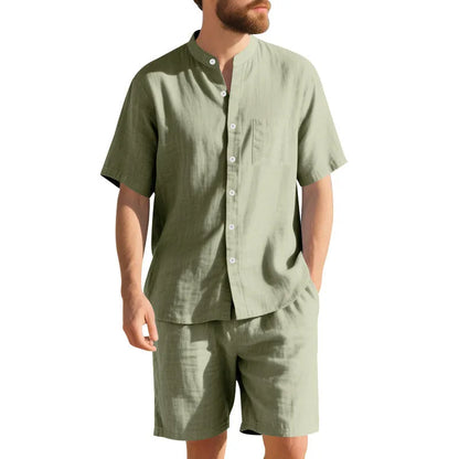 Men's light blue linen blend summer suit with short sleeve Henry collar jacket and matching shorts