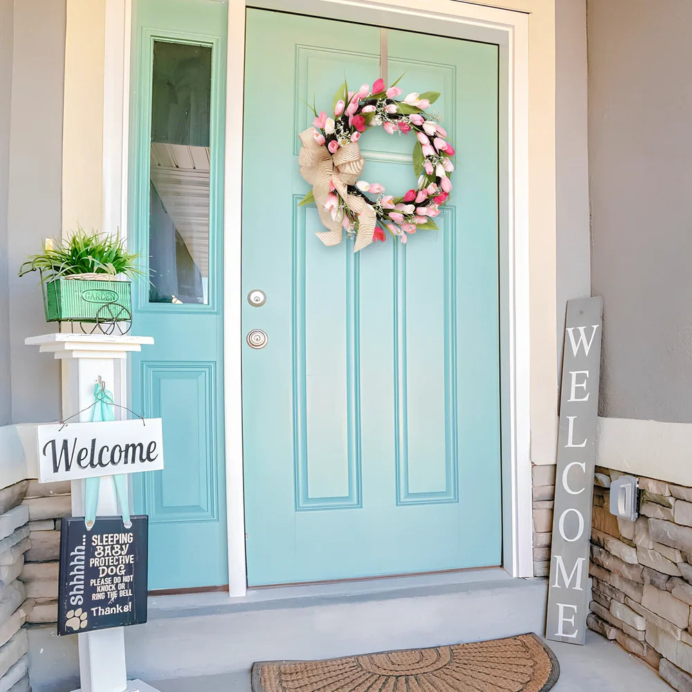 Two-colour tulip wreath measuring 45cm diameter with 11cm depth, seasonal floral garland for Valentine's Day and Easter decoration