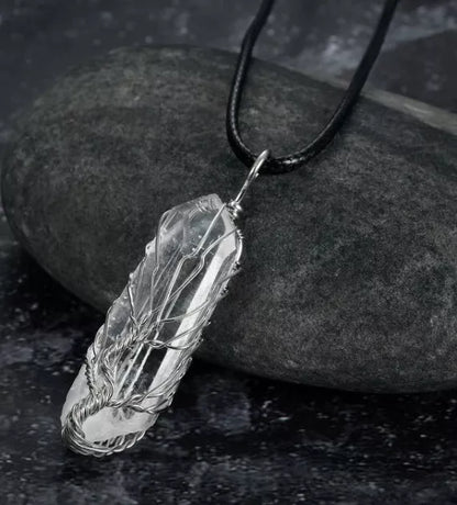 Unique amorphous white crystal pendant necklace with 45cm chain in antique silver or copper