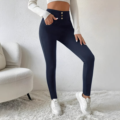 Navy blue women's high-waist slim-fit casual trousers on a hanger