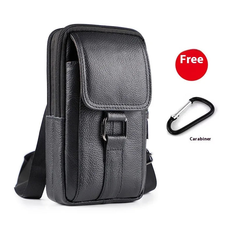 Men's black genuine leather waist bag with lock, coin pocket, and crossbody strap for daily urban use