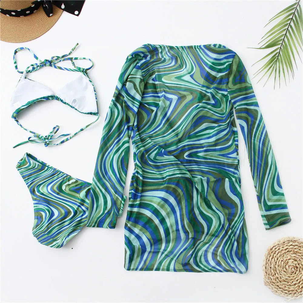 Women's mesh three-piece bikini set in red and green, sizes S to L