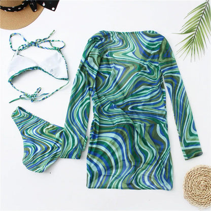 Women's mesh three-piece bikini set in red and green, sizes S to L