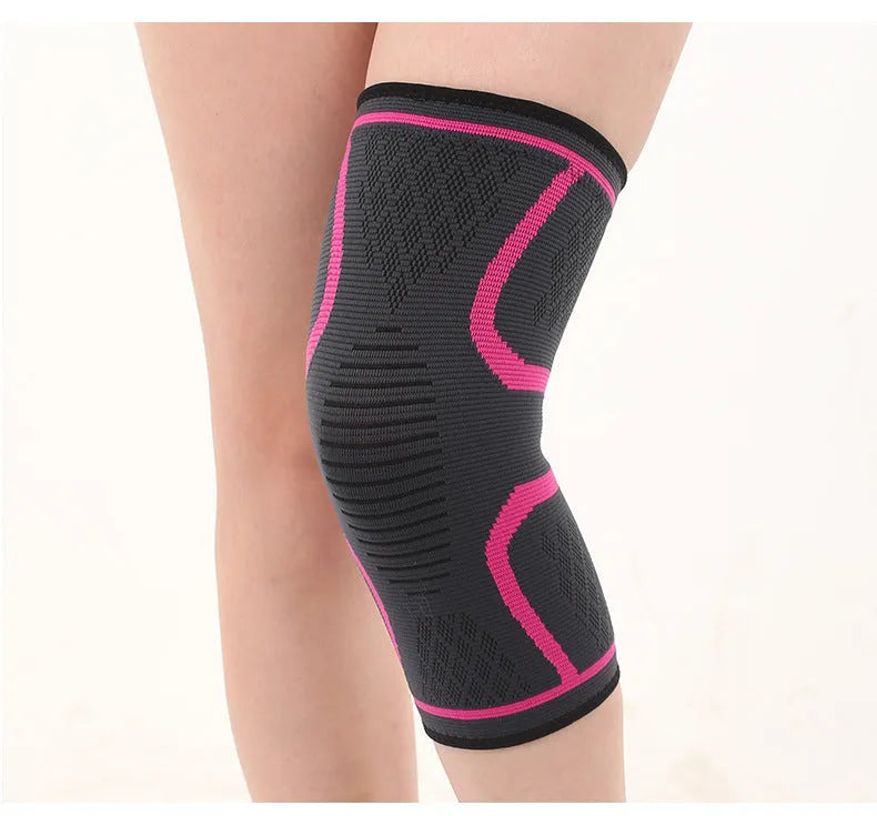 Black non-slip stretch sports knee pad shown on a knee, with size and colour options visible.