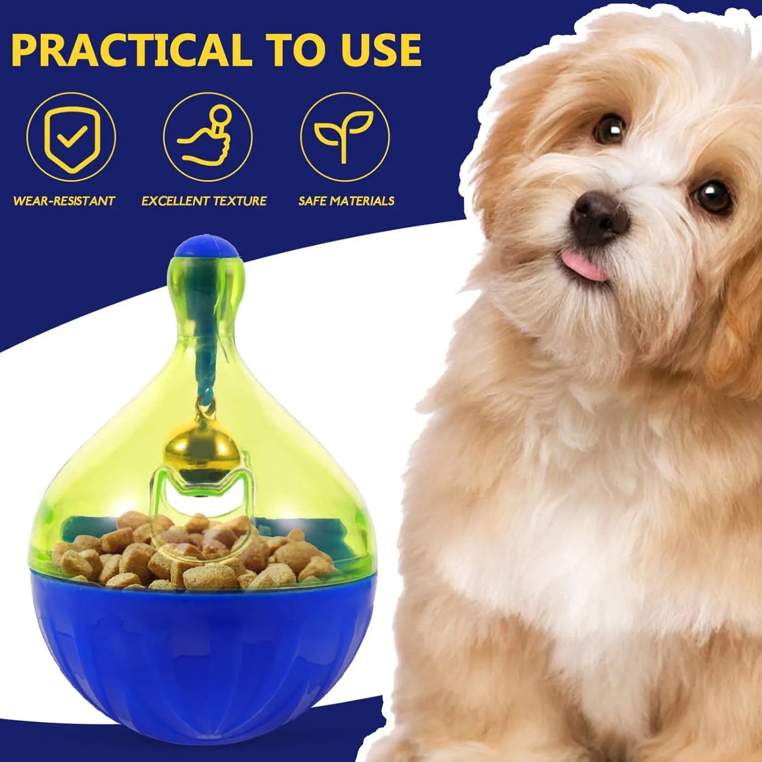 Tumbler-shaped pet treat dispenser measuring 14cm with food-leaking openings for slow feeding