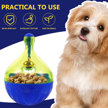 Tumbler-shaped pet treat dispenser measuring 14cm with food-leaking openings for slow feeding