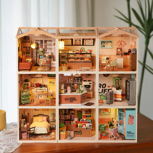 Robotime Rolife DIY Miniature House Cafe Building Set with detailed furniture and ambient light