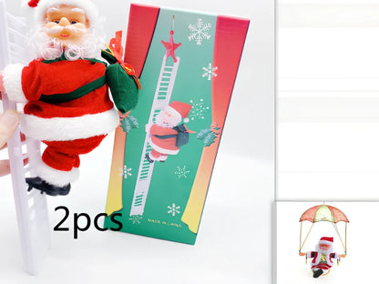 Electric plastic Santa Claus on 30cm climbing ladder with riding deer, in red suit, for Christmas decorations