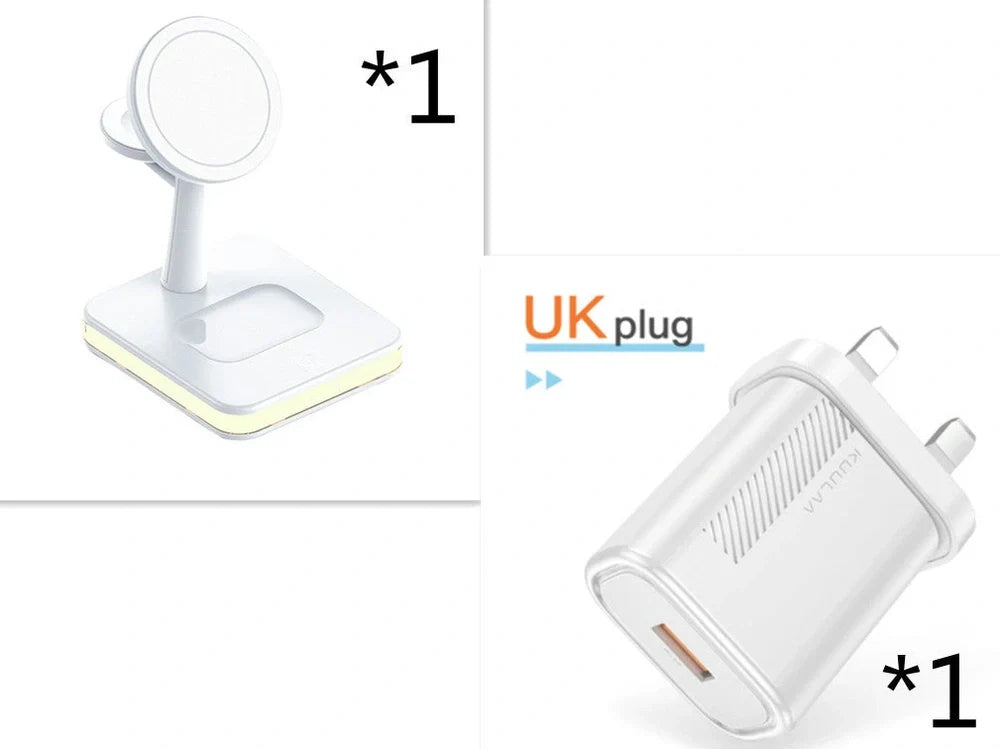 Black three-in-one wireless charger magnetic bracket on a desk charging multiple devices