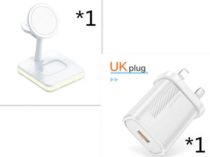 Black three-in-one wireless charger magnetic bracket on a desk charging multiple devices