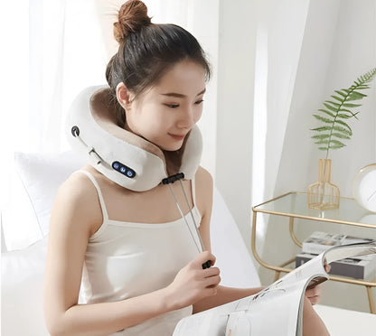 Brown U-shaped electric neck massage pillow with control buttons showing kneading and heating functions