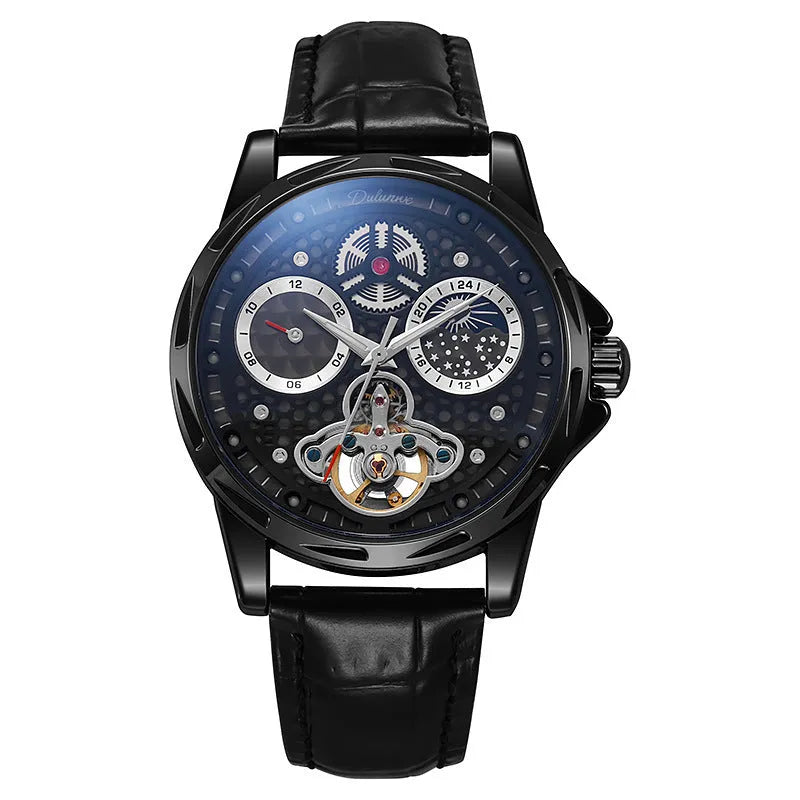 Men's automatic watch with luminous hands, 13mm thickness, available in black or white steel and leather strap options