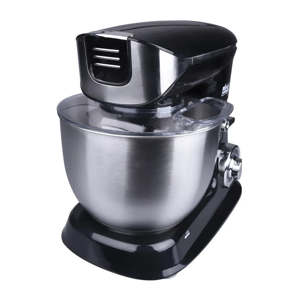 Black and white three-in-one kitchen machine with 6.5L bowl, aluminium attachments, and tilt-head design