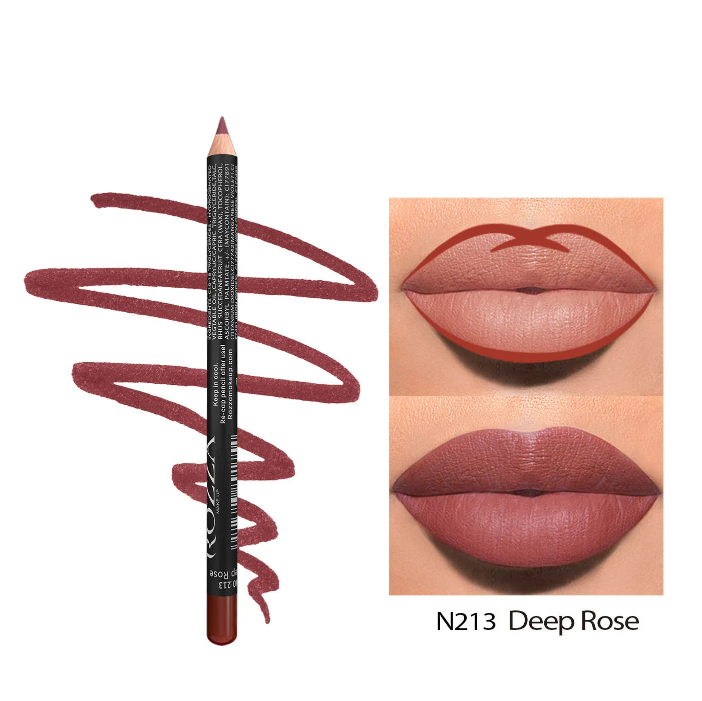 Matte lip liner pencil in wooden casing shown in shade range 201-214 on a white background