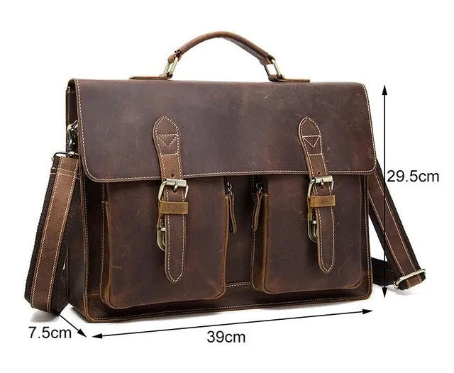 Yellow-brown genuine Crazy Horse leather mens messenger bag with shoulder strap and nylon lining