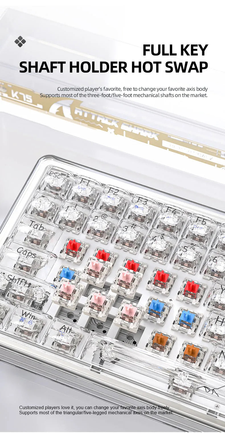 Attack Shark K75 RGB wireless mechanical keyboard with transparent PC casing and hot-swap switches