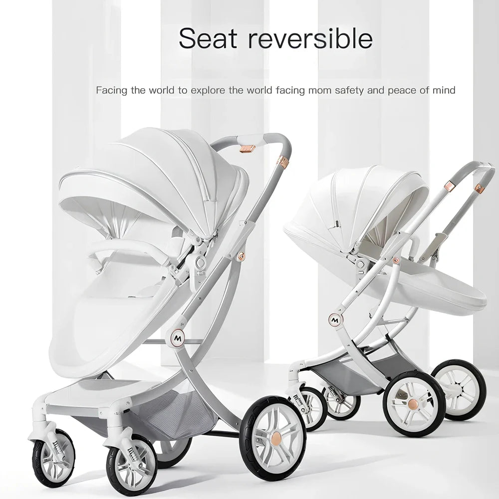 Luxury baby stroller with car seat showing aluminium frame and storage basket in Caesar Brown colour