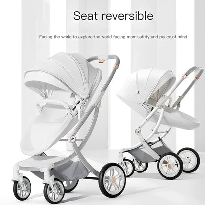 Luxury baby stroller with car seat showing aluminium frame and storage basket in Caesar Brown colour
