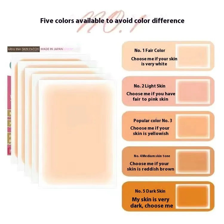 Tattoo cover patch and a 130mm long concealer brush on a table, with colour option swatches visible.