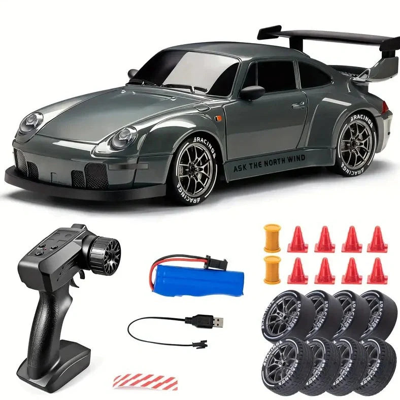 Proportional remote control drift car with USB charging and multiple battery options for high-speed drifting performance and hand-eye coordination development