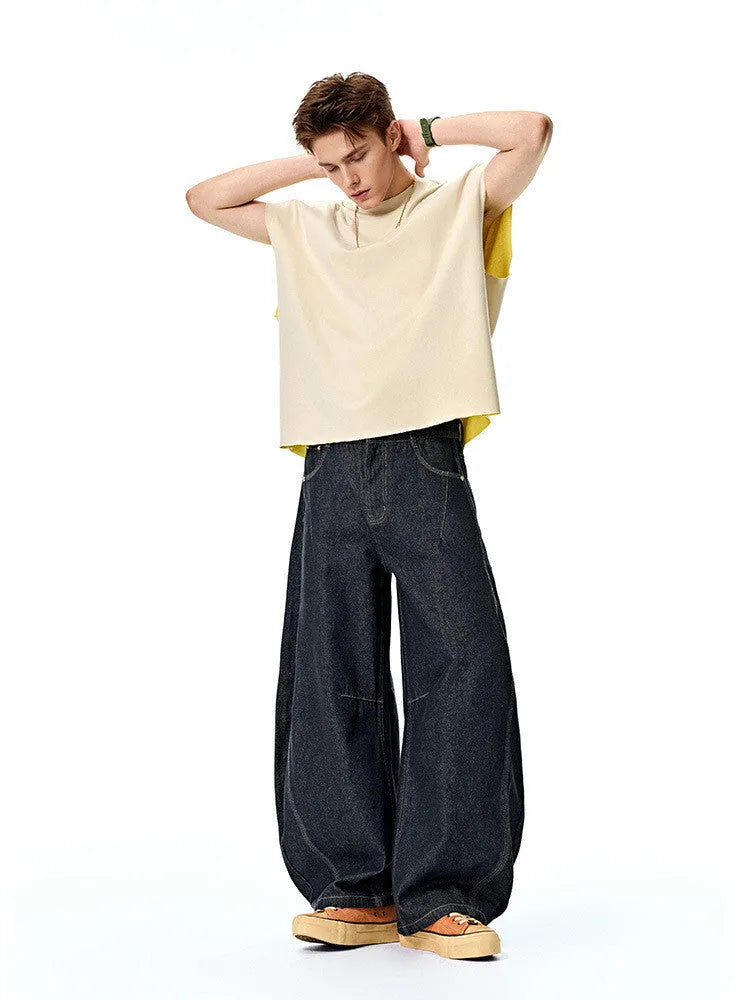 Men's Wide Leg Denim Trousers in Original Cow Colour: Mid-waist design with a relaxed fit for everyday leisure wear, available in sizes S to XL with a 100% cotton denim composition.