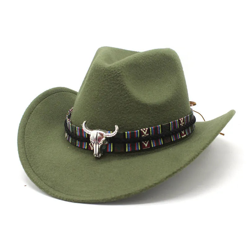Western cowboy hat with bell crown design in polyester fabric, adjustable 56-58cm fit, shown in army green colour