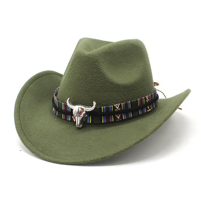 Western cowboy hat with bell crown design in polyester fabric, adjustable 56-58cm fit, shown in army green colour