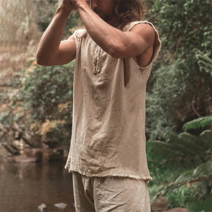 Men's loose linen vest in solid colour with round hem and sleeveless casual design, sizes S to XXXL