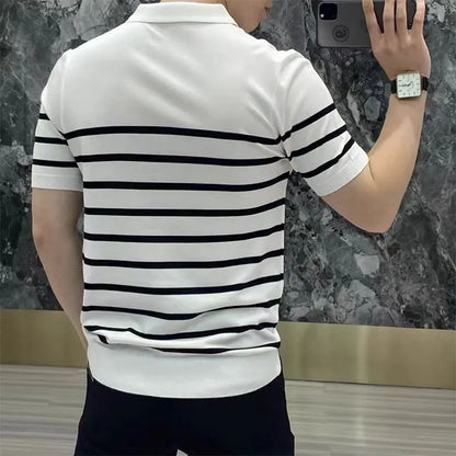 Black and white striped knitted t-shirt with lapel collar detail showing non-iron chemical fibre fabric