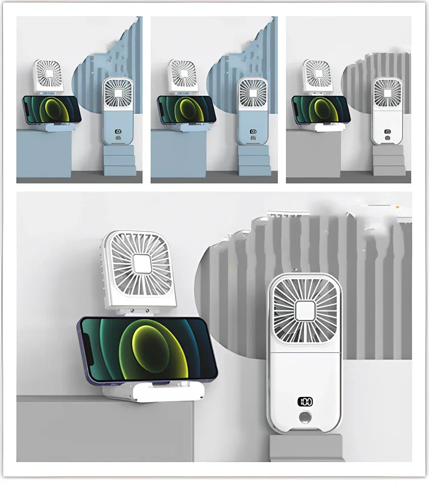 F30Pro folding portable handheld fan in white with digital display, 169x81x20mm size, USB charging, plastic blades for cooling