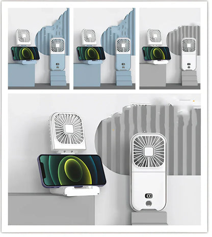 F30Pro folding portable handheld fan in white with digital display, 169x81x20mm size, USB charging, plastic blades for cooling