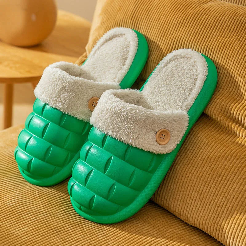 Plaid detachable slippers with EVA sole and plush lining in pink, green, yellow, white, grey, or black