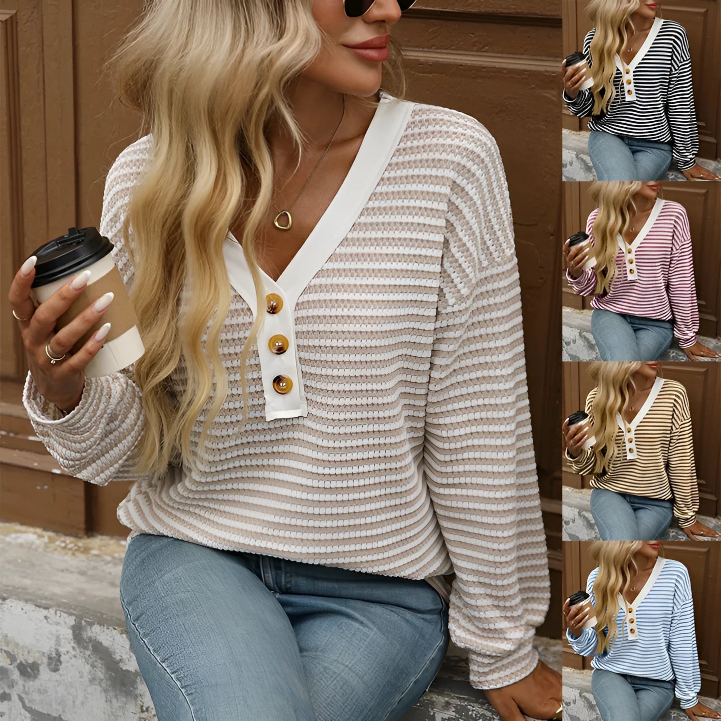 Women's loose fit V-neck patchwork pullover top in polyester knit fabric