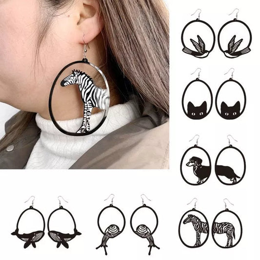 Black acrylic dangle earrings featuring unique animal and zodiac designs, lightweight and stylish.