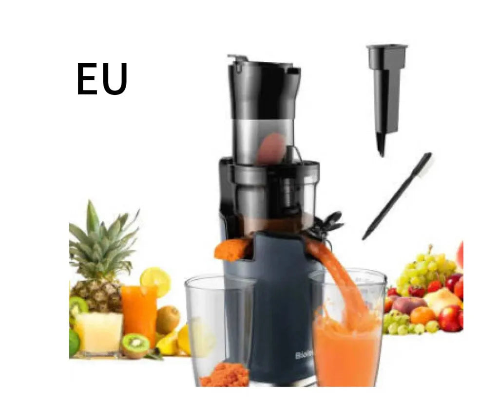 Large diameter low speed juicer with 200W motor, plastic body, and UK plug option