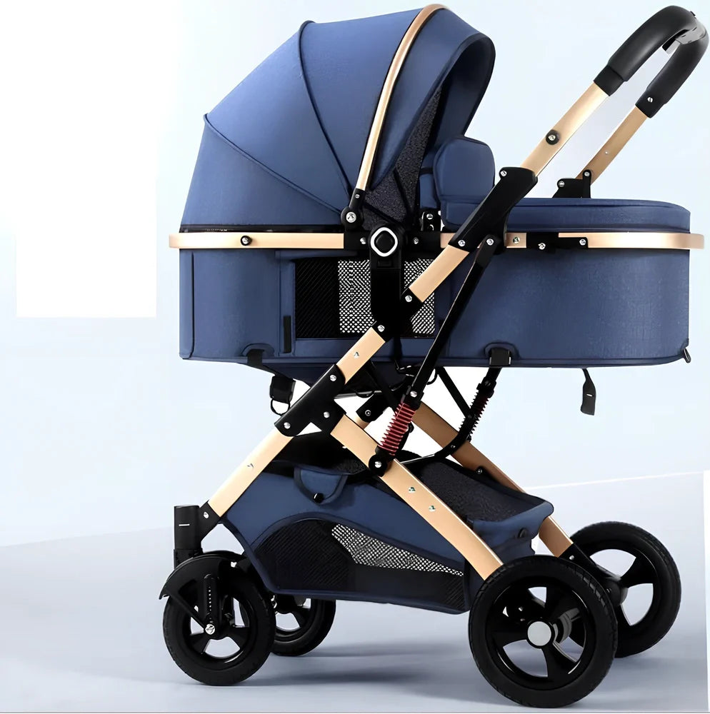 Two-way reversible baby stroller with aluminium frame and rubber wheels in dark blue colour
