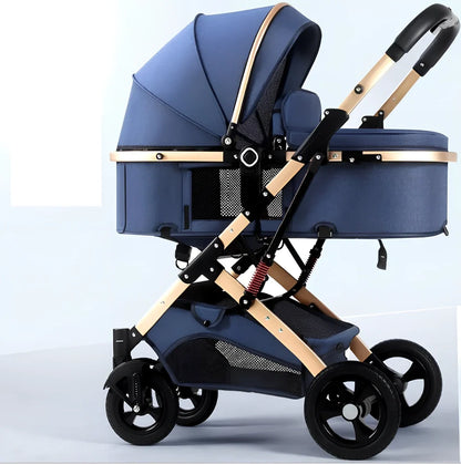 Two-way reversible baby stroller with aluminium frame and rubber wheels in dark blue colour