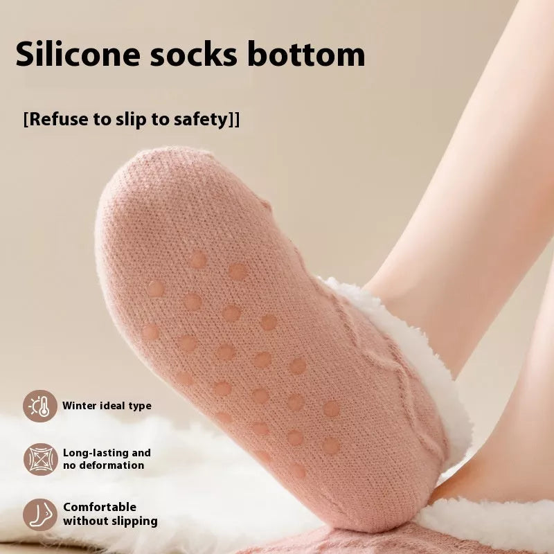 Unisex thick thermal plush slipper socks with non-slip grip in various colors