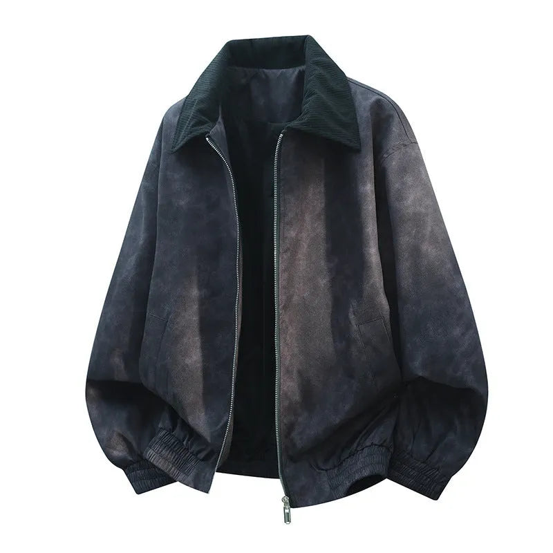 Men's black casual jacket with textured white stitching and collage detail on the lapel, showing side seam pockets and straight hem.