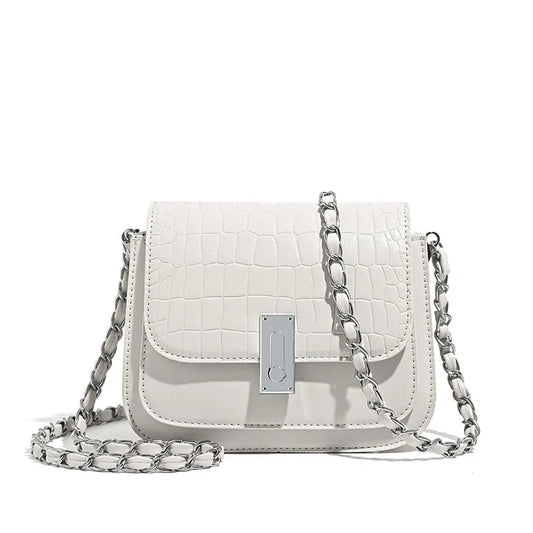 Women's soft PU shoulder bag with chain strap, horizontal square design in black colour showing sandwich pocket