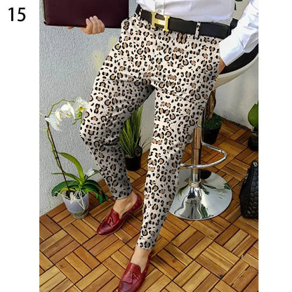 Man wearing slim-fit straight-leg plaid trousers with a 3D printed pattern and a casual shirt.