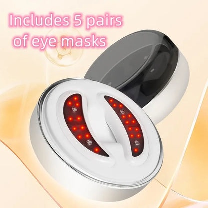 BIO9 eye massager with red light and EMS pulse modes, shown with included gel eye masks