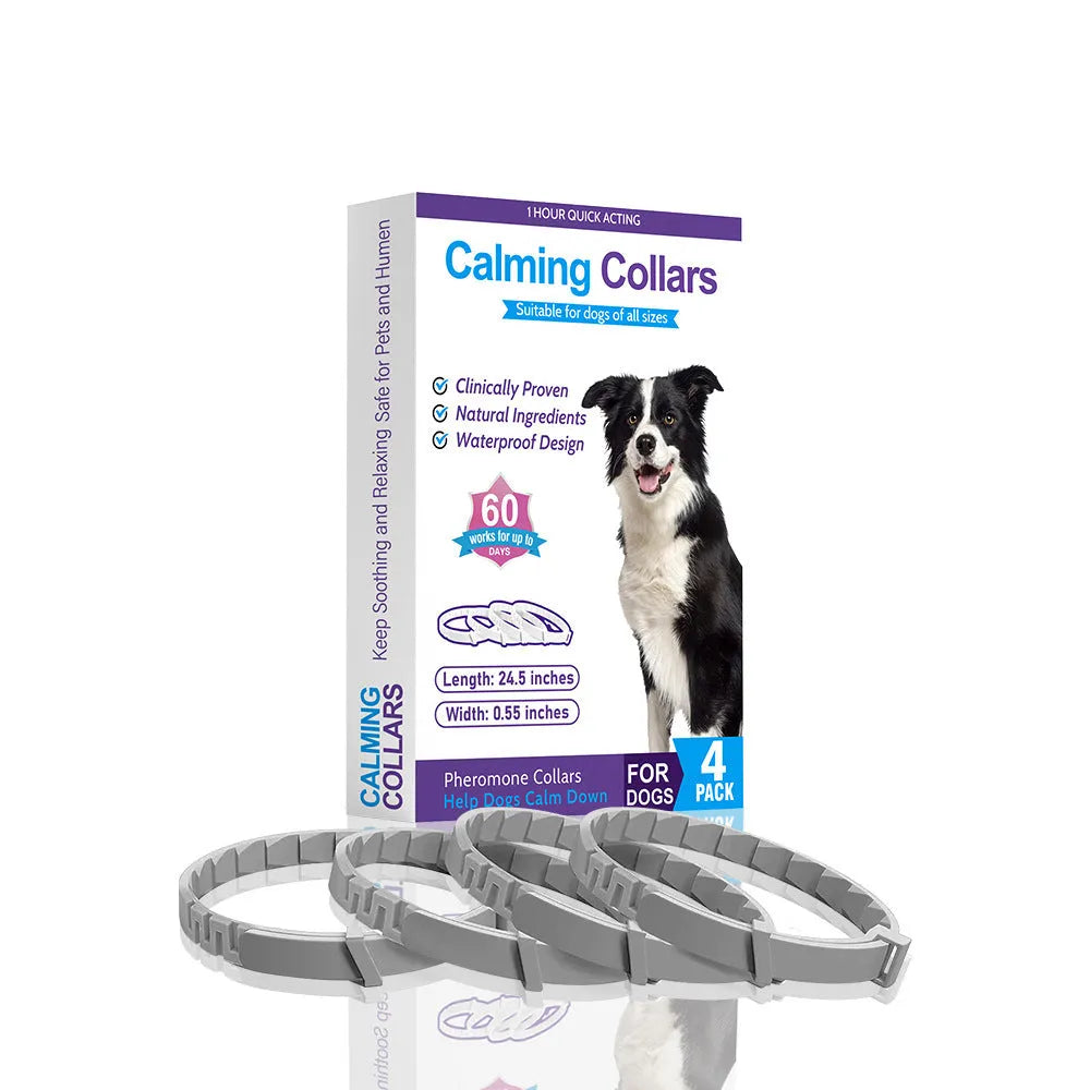 Four dog anxiety relief collars in different colours with 62cm adjustable TPR construction for calming support
