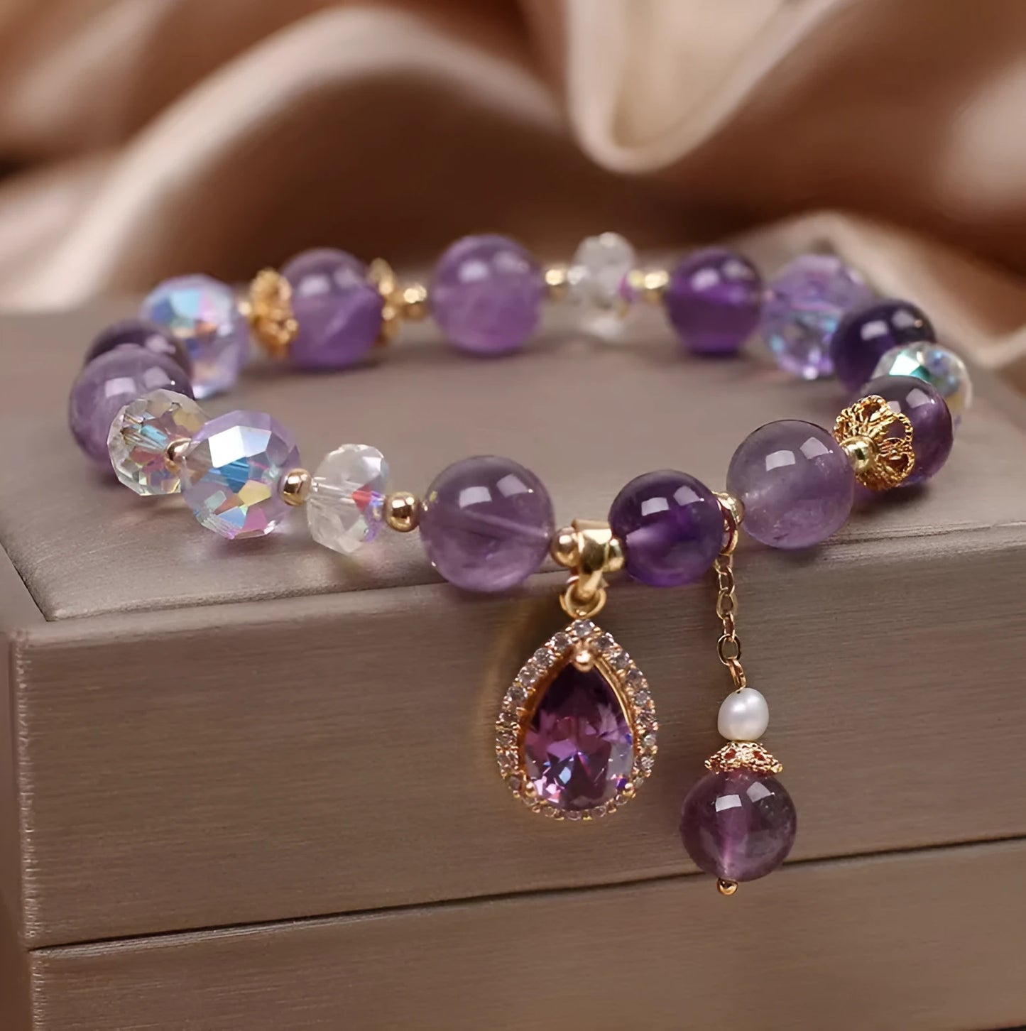 Purple natural amethyst crystal bracelet for women with micro inlay setting.