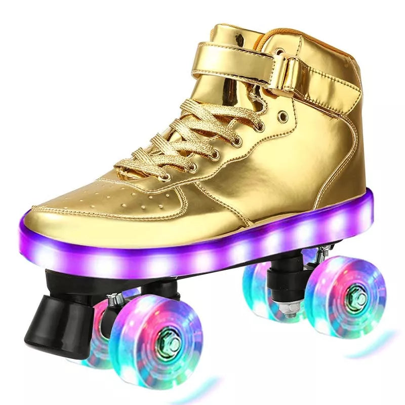 Double roller skates with flashing wheels in pink, golden, and silver options
